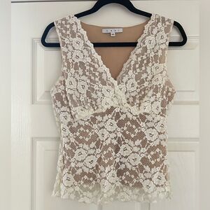 CAbi Floral Lace V-Neck Top, EUC, size Medium, Cream and Beige